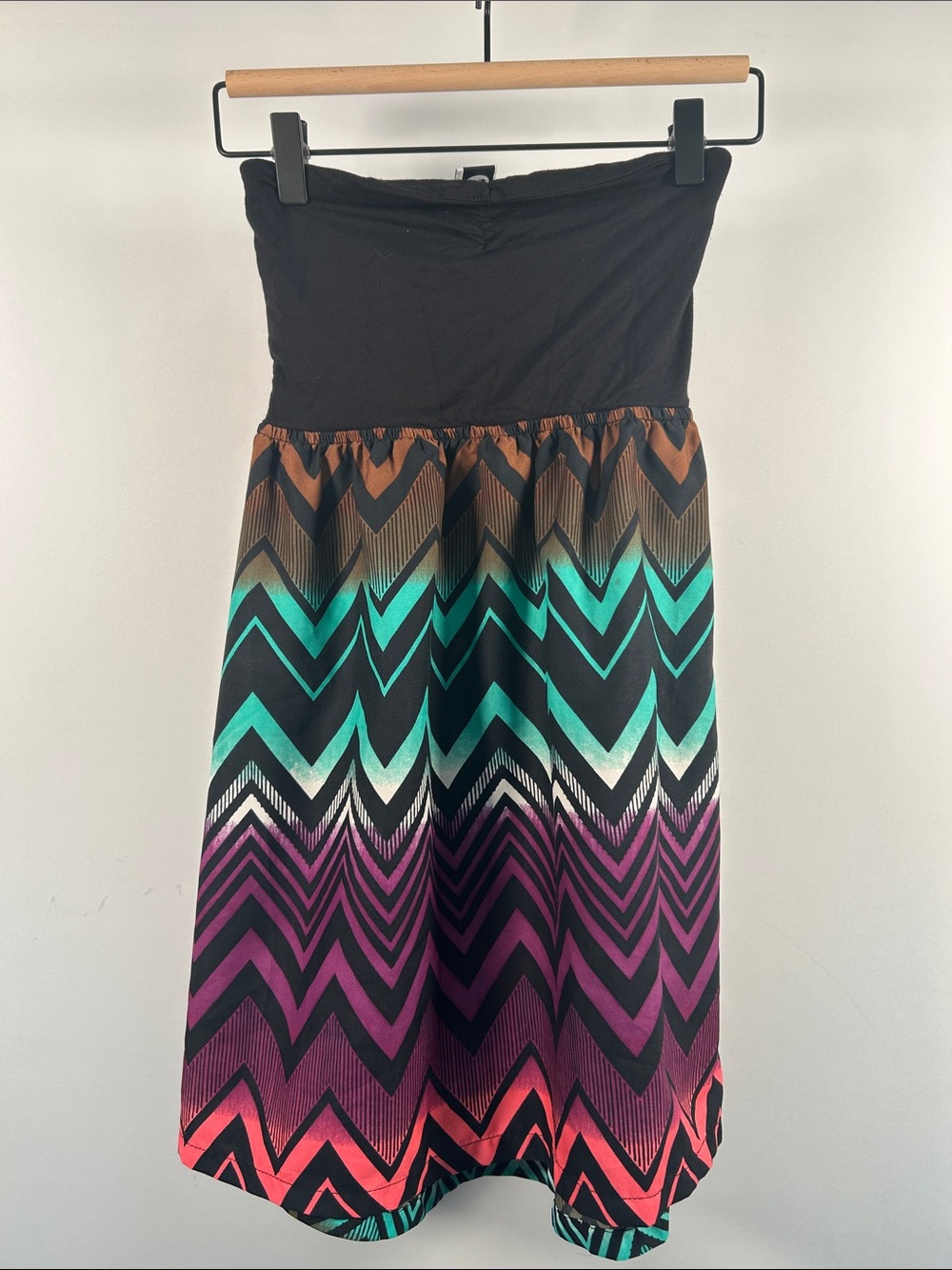 Roxy Black Strapless Midi Dress with Teal, Purple & Coral Chevron Skirt